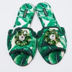 Pre Owned Dolce & Gabbana Green/White Banana Leaf-Print Fabric Crystal Embellished Flats Size 40