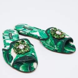 Pre Owned Dolce & Gabbana Green/White Banana Leaf-Print Fabric Crystal Embellished Flats Size 40