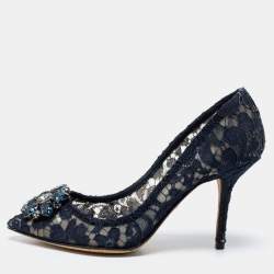 Pre Owned Dolce & Gabbana Navy Blue Lace And Mesh Taormina Crystal Embellished Pointed Toe Pumps Size 38.5
