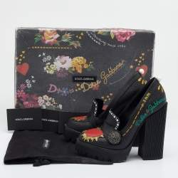 Pre Owned Dolce & Gabbana Black Leather Edna Hand Printed Block Heel Loafer Pumps Size 36