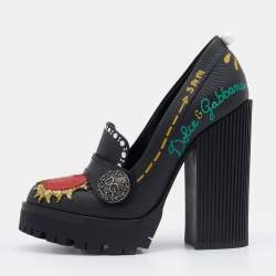 Pre Owned Dolce & Gabbana Black Leather Edna Hand Printed Block Heel Loafer Pumps Size 36