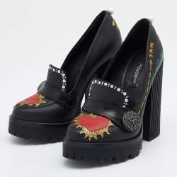 Pre Owned Dolce & Gabbana Black Leather Edna Hand Printed Block Heel Loafer Pumps Size 36