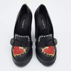Pre Owned Dolce & Gabbana Black Leather Edna Hand Printed Block Heel Loafer Pumps Size 36