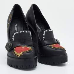 Pre Owned Dolce & Gabbana Black Leather Edna Hand Printed Block Heel Loafer Pumps Size 36