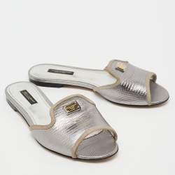 Pre Owned Dolce & Gabbana Silver Lizard Embossed Leather Flat Slides Size 36.5