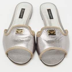 Pre Owned Dolce & Gabbana Silver Lizard Embossed Leather Flat Slides Size 36.5