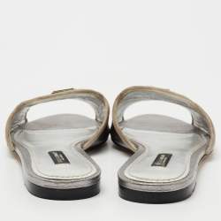 Pre Owned Dolce & Gabbana Silver Lizard Embossed Leather Flat Slides Size 36.5