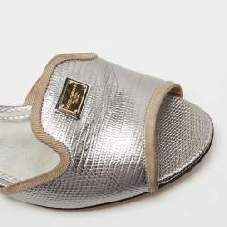 Pre Owned Dolce & Gabbana Silver Lizard Embossed Leather Flat Slides Size 36.5