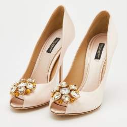 Pre Owned Dolce & Gabbana Light Pink Satin Crystal Embellished Peep Toe Pumps Size 39