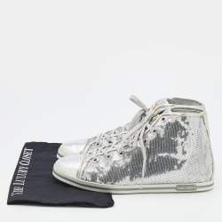 Pre Owned Dolce & Gabbana Metallic Silver Sequins Leather High Top Sneakers Size 40