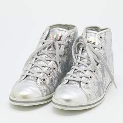 Pre Owned Dolce & Gabbana Metallic Silver Sequins Leather High Top Sneakers Size 40