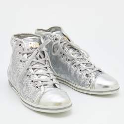 Pre Owned Dolce & Gabbana Metallic Silver Sequins Leather High Top Sneakers Size 40