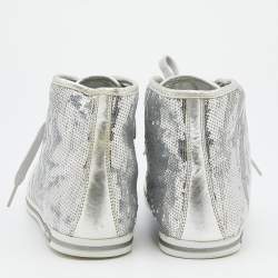 Pre Owned Dolce & Gabbana Metallic Silver Sequins Leather High Top Sneakers Size 40