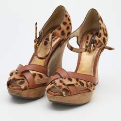 Pre Owned Dolce & Gabbana Brown Leather And Leopard Print Calf Hair Ankle Strap Wedge Sandals Size 38