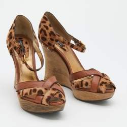 Pre Owned Dolce & Gabbana Brown Leather And Leopard Print Calf Hair Ankle Strap Wedge Sandals Size 38
