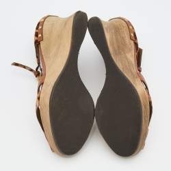 Pre Owned Dolce & Gabbana Brown Leather And Leopard Print Calf Hair Ankle Strap Wedge Sandals Size 38