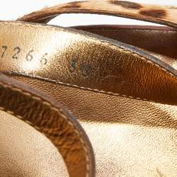 Pre Owned Dolce & Gabbana Brown Leather And Leopard Print Calf Hair Ankle Strap Wedge Sandals Size 38