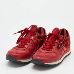مملوكة مسبقًا Dolce & Gabbana Red Leather And Leopard Print Calf Hair Sneakers Size 37.5