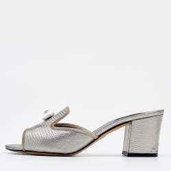 Pre Owned Dolce & Gabbana Silver Lizard Embossed Leather Block Heel Slide Sandals Size 39.5