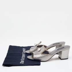 Pre Owned Dolce & Gabbana Silver Lizard Embossed Leather Block Heel Slide Sandals Size 39.5