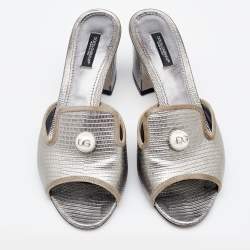 Pre Owned Dolce & Gabbana Silver Lizard Embossed Leather Block Heel Slide Sandals Size 39.5