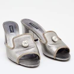 Pre Owned Dolce & Gabbana Silver Lizard Embossed Leather Block Heel Slide Sandals Size 39.5