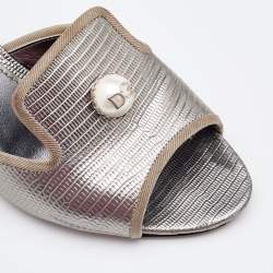 Pre Owned Dolce & Gabbana Silver Lizard Embossed Leather Block Heel Slide Sandals Size 39.5