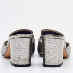 Pre Owned Dolce & Gabbana Silver Lizard Embossed Leather Block Heel Slide Sandals Size 39.5