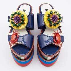Pre Owned Dolce & Gabbana Blue/Cream Patent Leather Embellished Double Platform Wedge Sandals Size 38