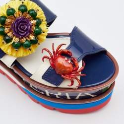 Pre Owned Dolce & Gabbana Blue/Cream Patent Leather Embellished Double Platform Wedge Sandals Size 38