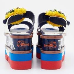 Pre Owned Dolce & Gabbana Blue/Cream Patent Leather Embellished Double Platform Wedge Sandals Size 38