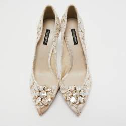 Pre Owned Dolce & Gabbana White Lace Crystal Embellished Bellucci Pointed Toe Pumps Size 40