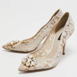 Pre Owned Dolce & Gabbana White Lace Crystal Embellished Bellucci Pointed Toe Pumps Size 40