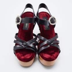 Pre Owned Dolce & Gabbana Black Leather Platform Wedge Ankle Strap Sandals Size 39