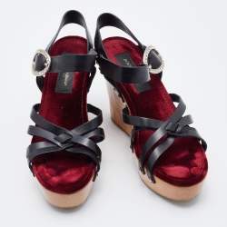 Pre Owned Dolce & Gabbana Black Leather Platform Wedge Ankle Strap Sandals Size 39