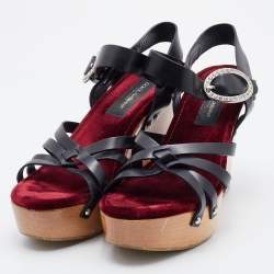 Pre Owned Dolce & Gabbana Black Leather Platform Wedge Ankle Strap Sandals Size 39