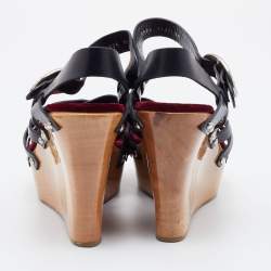 Pre Owned Dolce & Gabbana Black Leather Platform Wedge Ankle Strap Sandals Size 39