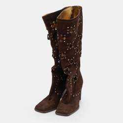 Pre Owned Dolce & Gabbana Brown Suede Embellished Knee Length Boots Size 38.5