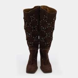Pre Owned Dolce & Gabbana Brown Suede Embellished Knee Length Boots Size 38.5