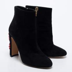Pre Owned Dolce & Gabbana Black Suede Jewel Heel Ankle Boots Size 37