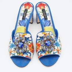 Pre Owned Dolce & Gabbana Multicolor Floral Print Fabric Embellished Slide Sandals Size 39