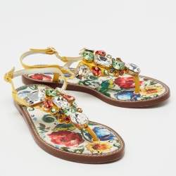 Dolce & Gabbana Multicolor Patent Crystal Embellished Thong Strap Flat Sandals Size 37
