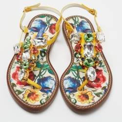 Dolce & Gabbana Multicolor Patent Crystal Embellished Thong Strap Flat Sandals Size 37