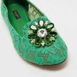 Dolce & Gabbana Green Lace Crystal Embellished Taormina Ballet Flats Size 40