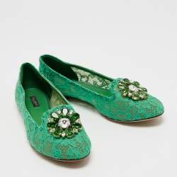 Dolce & Gabbana Green Lace Crystal Embellished Taormina Ballet Flats Size 40