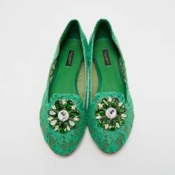 Dolce & Gabbana Green Lace Crystal Embellished Taormina Ballet Flats Size 40