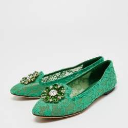 Dolce & Gabbana Green Lace Crystal Embellished Taormina Ballet Flats Size 40