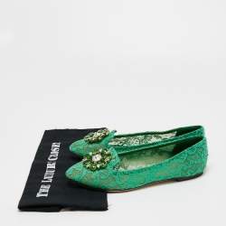 Dolce & Gabbana Green Lace Crystal Embellished Taormina Ballet Flats Size 40