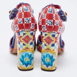 Pre Owned Dolce & Gabbana Multicolor Floral Print Patent Leather Embellished T-Strap Pumps Size 36.5