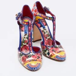 Pre Owned Dolce & Gabbana Multicolor Floral Print Patent Leather Embellished T-Strap Pumps Size 36.5